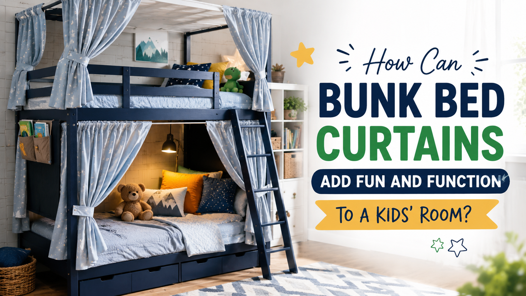 Modern kids bunk bed with colorful privacy curtains showcasing fun and functional bedroom ideas for shared children's rooms.