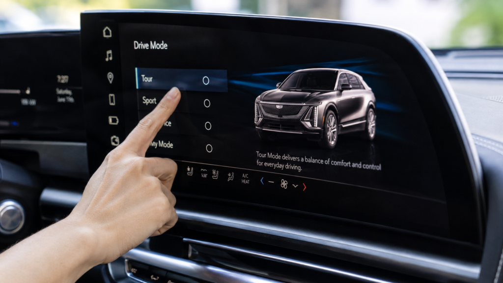 Cadillac LYRIQ infotainment screen displaying driving mode options to compare range and battery usage efficiency.