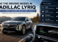 Cadillac LYRIQ showcasing Tour, Sport, Snow/Ice, and My driving modes with battery range comparison and EV efficiency overview.