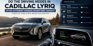 Cadillac LYRIQ showcasing Tour, Sport, Snow/Ice, and My driving modes with battery range comparison and EV efficiency overview.