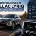 Cadillac LYRIQ showcasing Tour, Sport, Snow/Ice, and My driving modes with battery range comparison and EV efficiency overview.