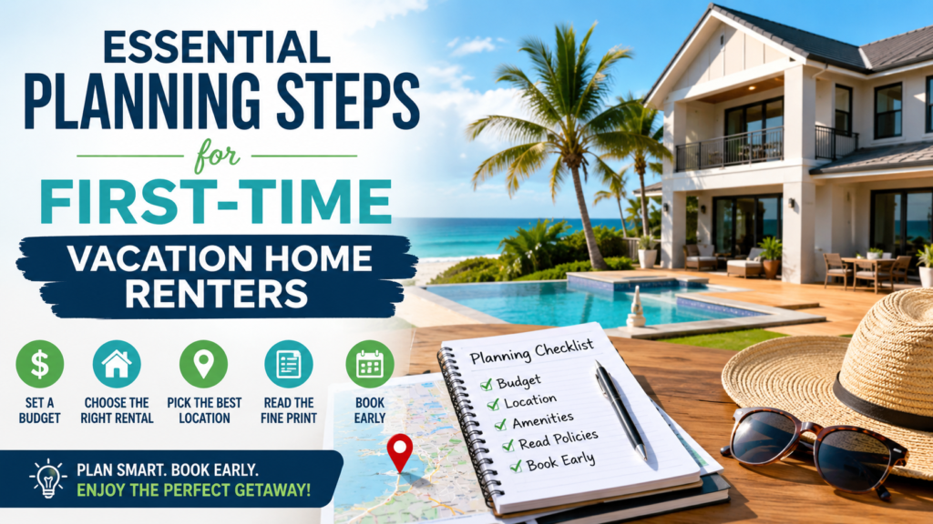 Essential planning steps for first-time vacation home renters, including budgeting, choosing the right rental, reading policies, and booking early for a stress-free vacation.