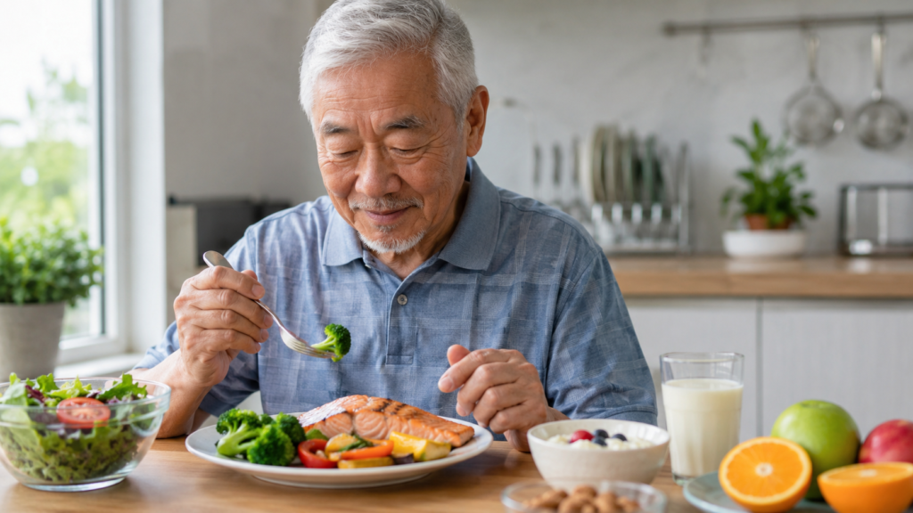 Healthy protein-rich meal with salmon, vegetables, yogurt, fruit, and milk helping an elderly person build muscle safely after age 60.