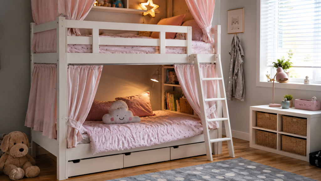 White kids bunk bed with privacy curtains creating a cozy reading nook and playful shared bedroom space for children.