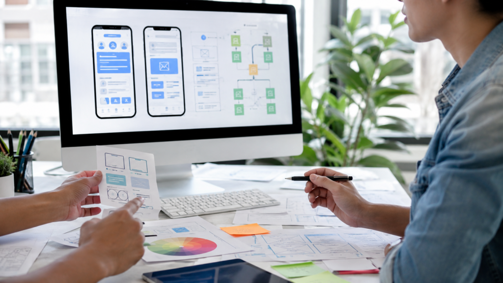Designers collaborating on a human-centered digital interface to create intuitive, accessible, and inclusive user experiences.