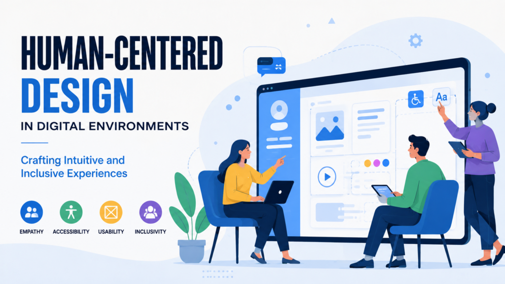 Human-centered design illustration showing a UX team creating intuitive, accessible, and inclusive digital experiences with user-focused interface design.