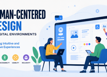 Human-centered design illustration showing a UX team creating intuitive, accessible, and inclusive digital experiences with user-focused interface design.