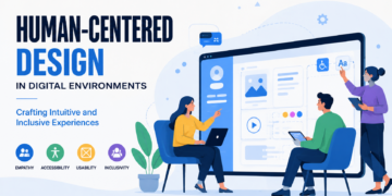 Human-centered design illustration showing a UX team creating intuitive, accessible, and inclusive digital experiences with user-focused interface design.