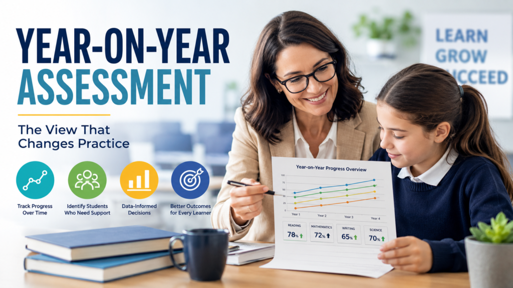 Teacher reviewing year-on-year assessment results with a student using progress reports to improve learning outcomes and guide data-driven educational decisions.