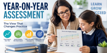 Teacher reviewing year-on-year assessment results with a student using progress reports to improve learning outcomes and guide data-driven educational decisions.