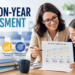 Teacher reviewing year-on-year assessment results with a student using progress reports to improve learning outcomes and guide data-driven educational decisions.