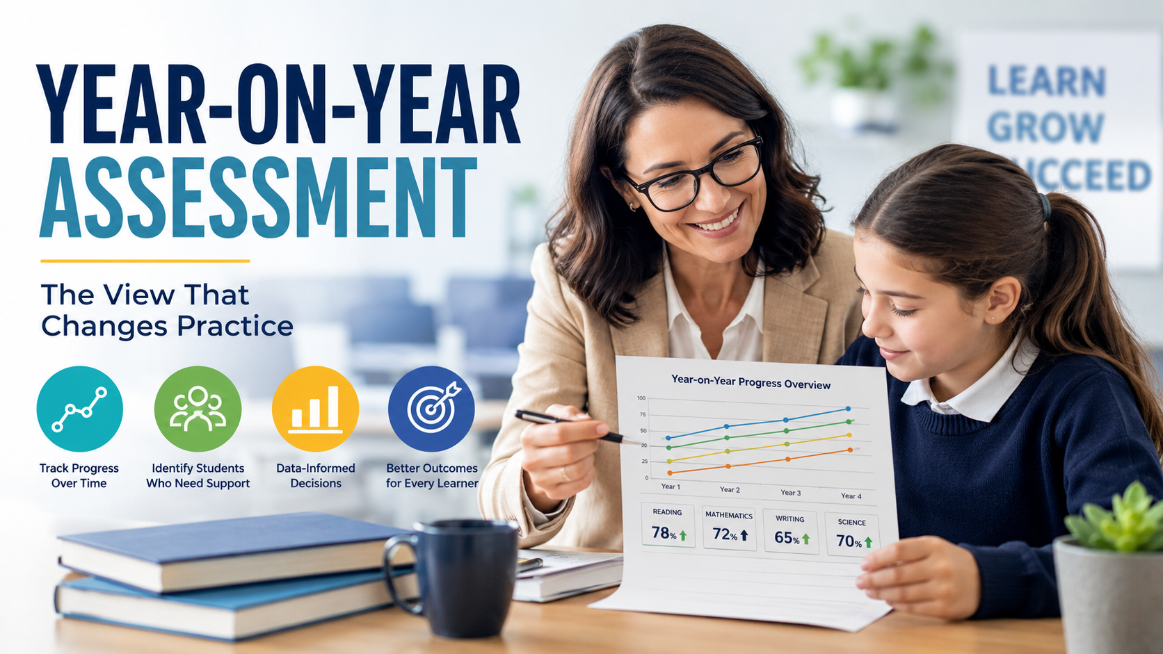 Teacher reviewing year-on-year assessment results with a student using progress reports to improve learning outcomes and guide data-driven educational decisions.