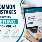 Illustration showing four common mistakes to avoid when ordering medication online, including unverified pharmacies, missing prescriptions, incomplete health information, and choosing the lowest price.