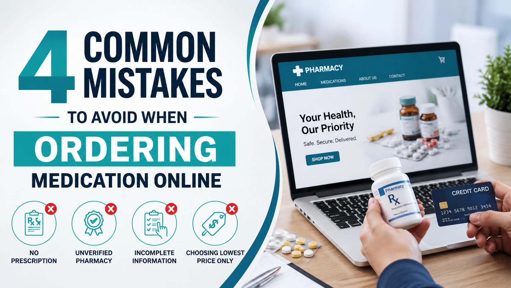Illustration showing four common mistakes to avoid when ordering medication online, including unverified pharmacies, missing prescriptions, incomplete health information, and choosing the lowest price.