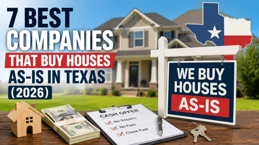 Featured image showing a Texas home, cash offer paperwork, house sale sign, money, and keys representing the best companies that buy houses as-is in Texas in 2026.