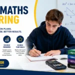 Student studying with a GCSE Maths tutor using personalised lesson plans, exam board-focused revision materials, calculator, and maths notes to prepare for GCSE exams.