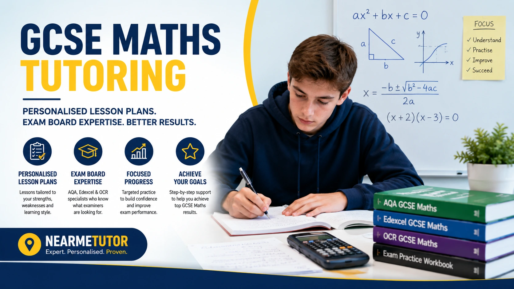Student studying with a GCSE Maths tutor using personalised lesson plans, exam board-focused revision materials, calculator, and maths notes to prepare for GCSE exams.