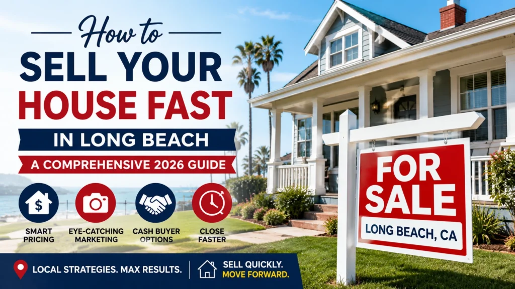 Featured image showing a Long Beach home with a For Sale sign and tips for selling a house fast in 2026.