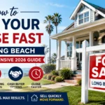 Featured image showing a Long Beach home with a For Sale sign and tips for selling a house fast in 2026.