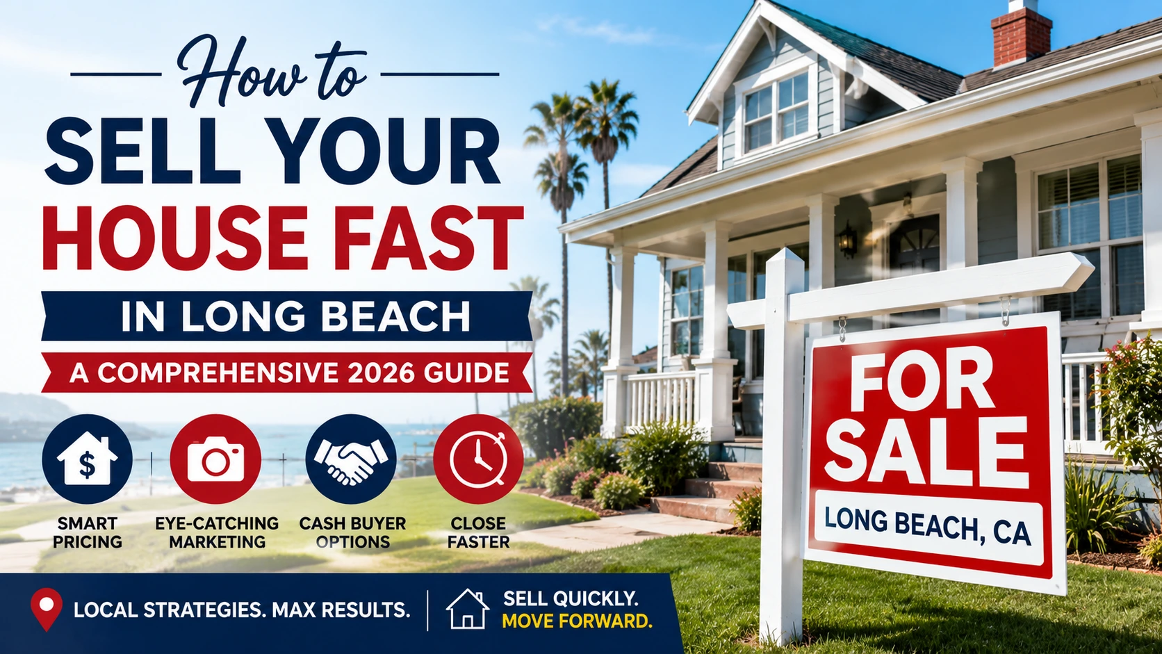 Featured image showing a Long Beach home with a For Sale sign and tips for selling a house fast in 2026.