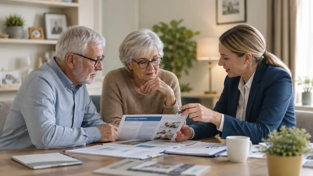 Adult children discussing aged care decisions with elderly parents and a home care advisor during a consultation about home support and long-term care options.