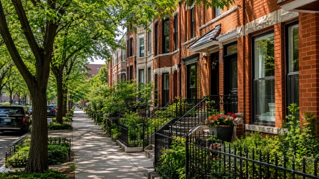 Residential street with brick homes in Avondale, Chicago, highlighting affordable housing, walkable neighborhoods, and real estate investment potential.