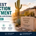 Modern addiction treatment center in Arizona with desert landscape, symbolizing residential rehab, mental health care, dual diagnosis treatment, and long-term recovery in 2026.