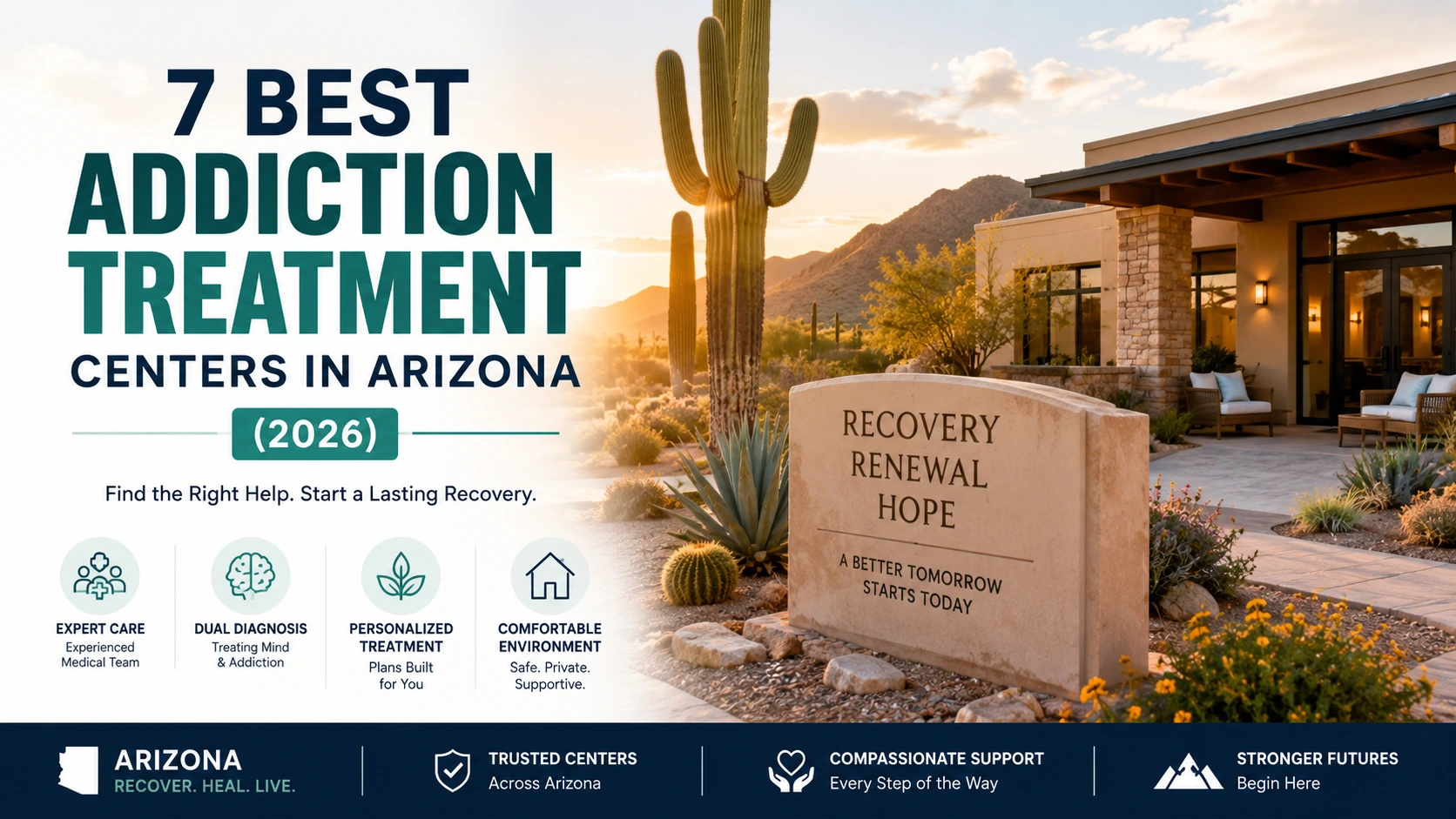 Modern addiction treatment center in Arizona with desert landscape, symbolizing residential rehab, mental health care, dual diagnosis treatment, and long-term recovery in 2026.