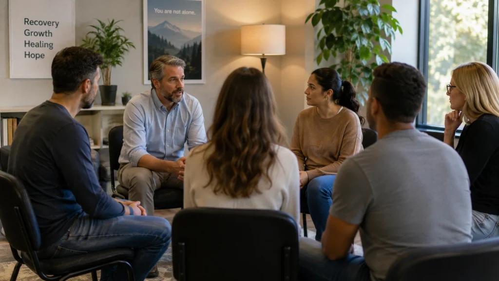 Adults participating in a professional group therapy session at an addiction treatment center in Arizona, highlighting residential recovery and mental health support.