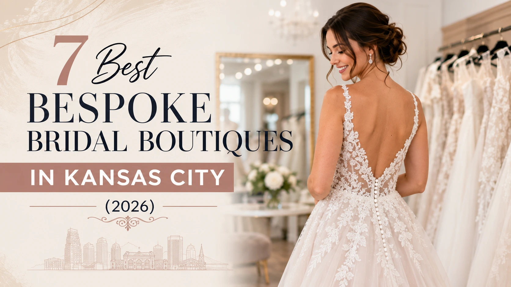 Featured image showing a bride in a luxury wedding gown inside a bespoke bridal boutique in Kansas City with elegant bridal dresses and the title 7 Best Bespoke Bridal Boutiques in Kansas City (2026).