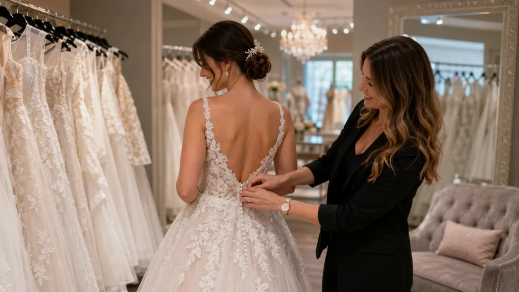Bride trying on a custom wedding dress with a bridal consultant inside a luxury bespoke bridal boutique in Kansas City.