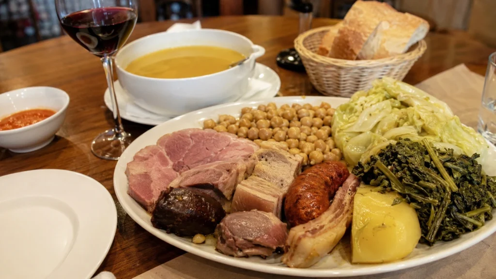 Authentic Cocido Gallego served with chickpeas, potatoes, cabbage, chorizo, and slow-cooked meats at a traditional Spanish restaurant.
