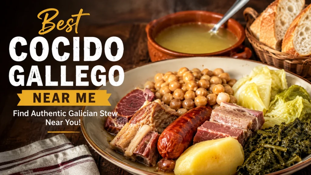 Traditional Cocido Gallego with slow-cooked meats, chickpeas, potatoes, cabbage, and rich broth served at an authentic Spanish restaurant.