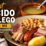 Traditional Cocido Gallego with slow-cooked meats, chickpeas, potatoes, cabbage, and rich broth served at an authentic Spanish restaurant.