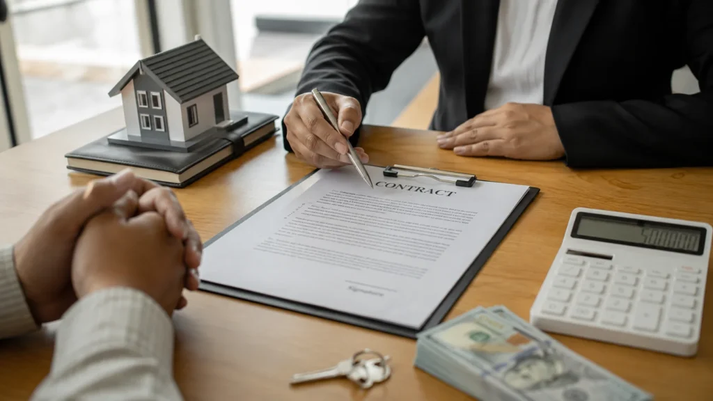 Real estate professional explaining a cash home sale agreement to a Texas homeowner with house model, contract, calculator, keys, and cash on a desk.