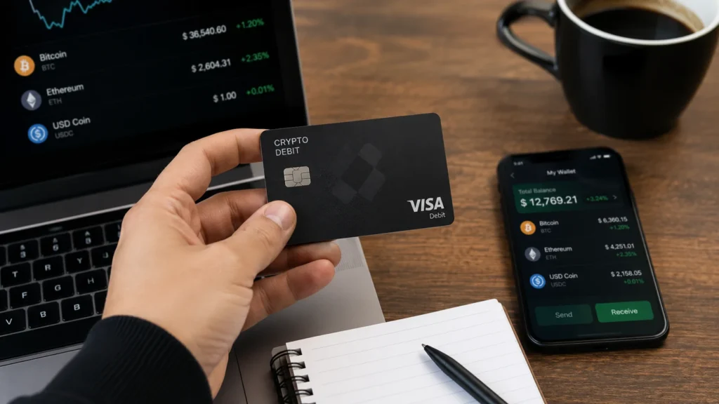 Person holding a crypto debit card with a laptop and smartphone displaying cryptocurrency wallets, illustrating the best no KYC crypto card options in 2026.