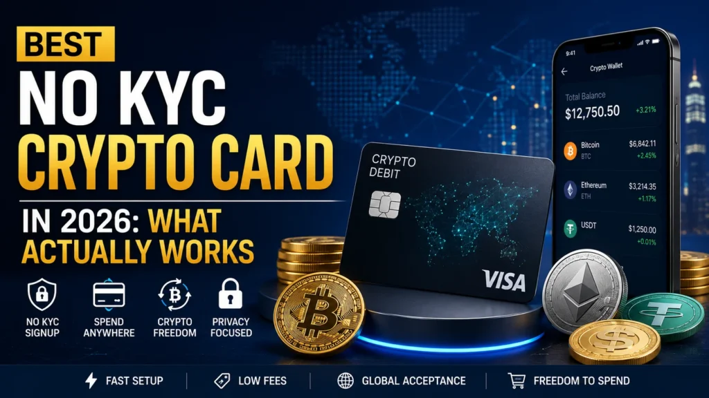 Digital illustration of a crypto debit card, smartphone crypto wallet, and digital currencies representing the best no KYC crypto card options and privacy-focused crypto payments in 2026.