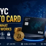 Digital illustration of a crypto debit card, smartphone crypto wallet, and digital currencies representing the best no KYC crypto card options and privacy-focused crypto payments in 2026.