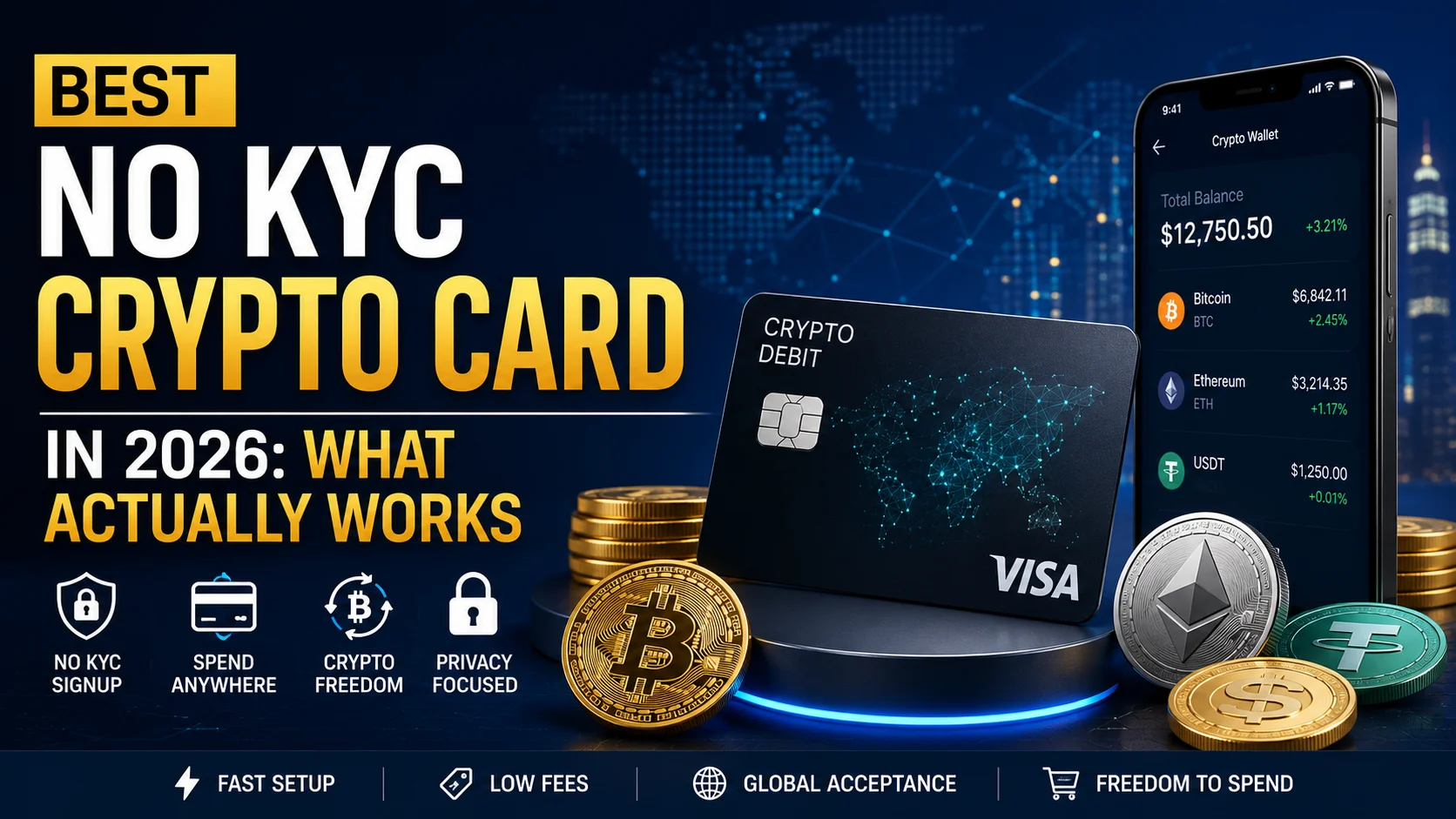 Digital illustration of a crypto debit card, smartphone crypto wallet, and digital currencies representing the best no KYC crypto card options and privacy-focused crypto payments in 2026.