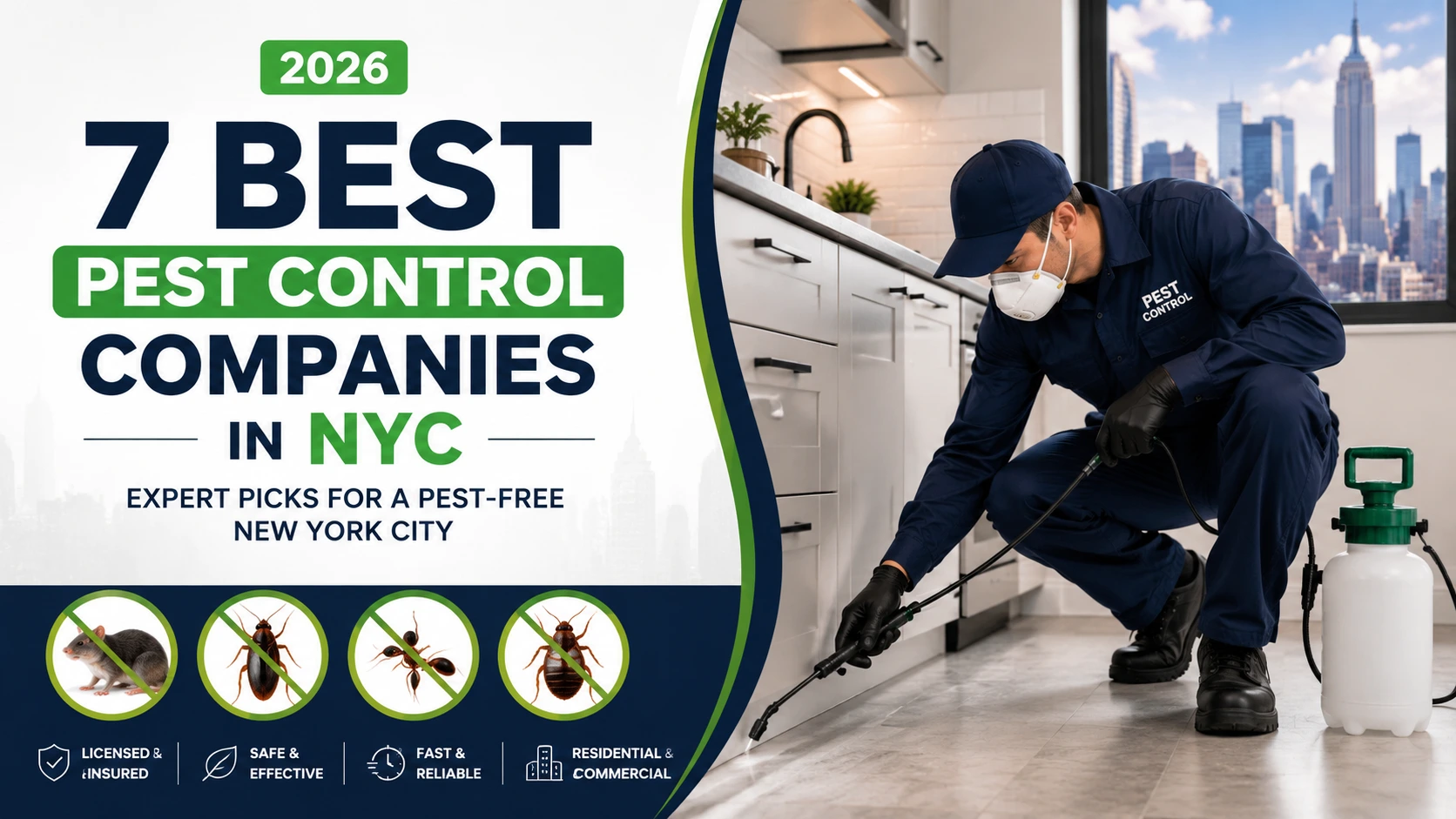 Professional pest control technician treating a modern New York City apartment kitchen, representing the 7 best pest control companies in NYC for 2026 with expert residential and commercial extermination services.