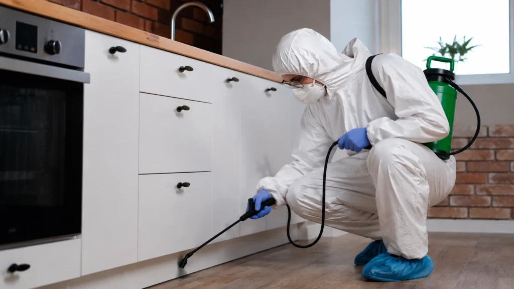 Professional pest control technician performing a kitchen inspection and treatment in a New York City apartment using integrated pest management techniques.