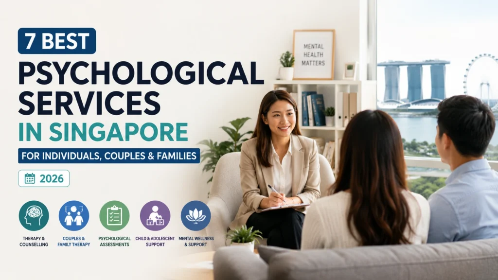 Therapist counseling a couple in a modern Singapore psychology clinic with the Singapore skyline, representing the best psychological services for individuals, couples, and families in 2026.