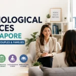 Therapist counseling a couple in a modern Singapore psychology clinic with the Singapore skyline, representing the best psychological services for individuals, couples, and families in 2026.