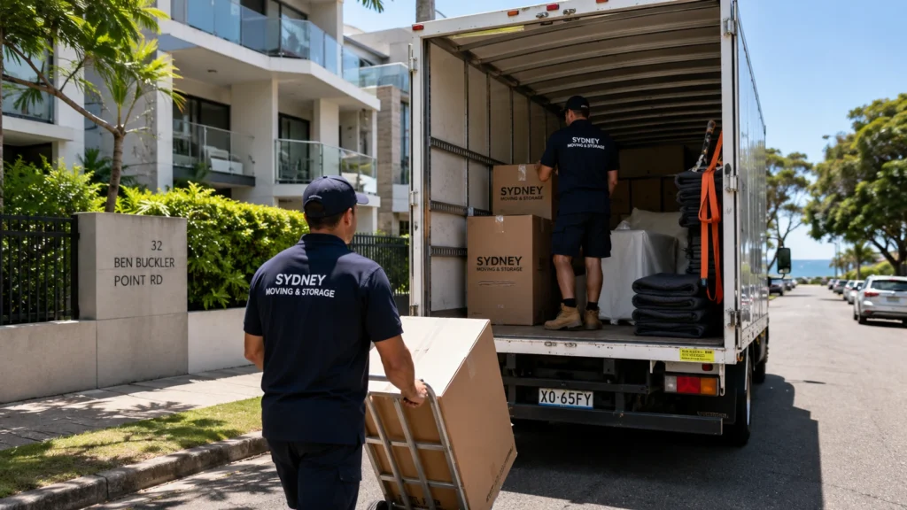 Professional removalists loading moving boxes into a truck outside a modern apartment in Sydney's Eastern Suburbs during a residential move.