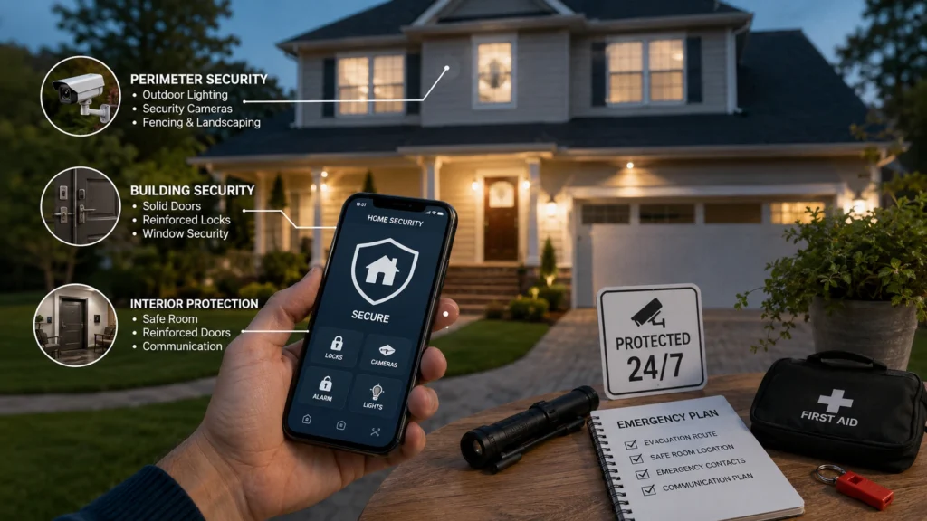 Illustration of a multi-layered home defense strategy showing perimeter security, reinforced doors and windows, a safe room, smart home security, and a family emergency plan protecting a residential home.