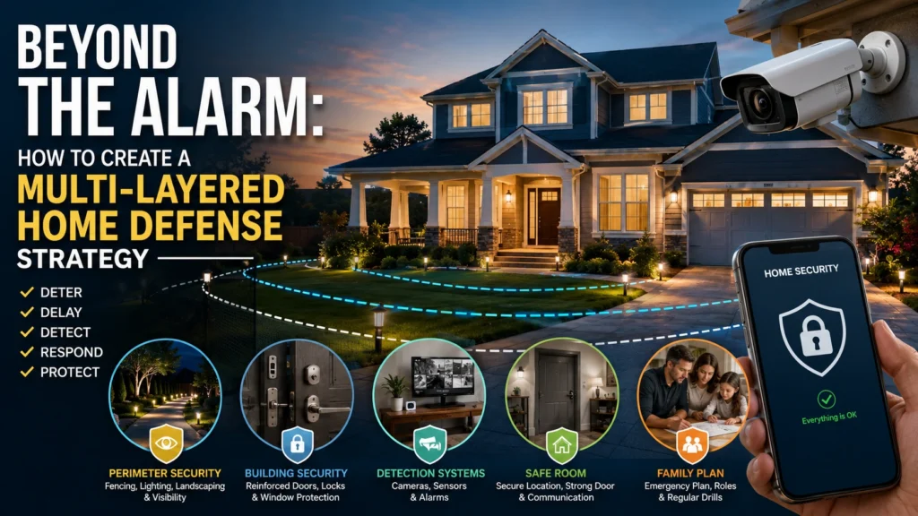 Featured image illustrating a multi-layered home defense strategy with a secure modern house, surveillance camera, smart home security app, reinforced entry points, and layered residential security measures.