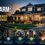 Featured image illustrating a multi-layered home defense strategy with a secure modern house, surveillance camera, smart home security app, reinforced entry points, and layered residential security measures.