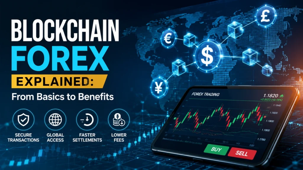 Blockchain forex concept showing decentralized currency trading, blockchain network, global financial connections, and live forex market charts.