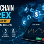 Blockchain forex concept showing decentralized currency trading, blockchain network, global financial connections, and live forex market charts.