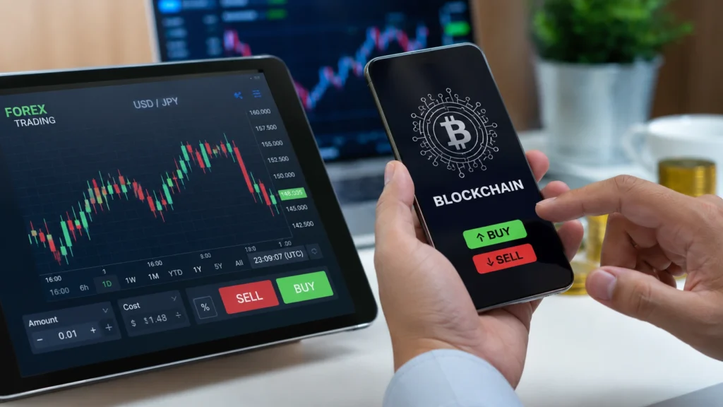 Trader using a blockchain forex trading platform with live currency charts and decentralized blockchain technology on digital devices.